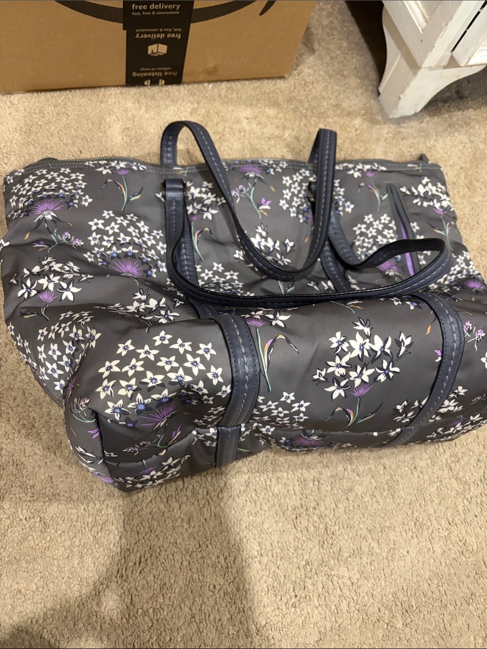 Vera Bradley Quilted Floral Tote in Charcoal Gray and Purple Accents